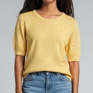 Premise Pastel Yellow Open Knit Short Sleeve Sweater L Stars Boho Retro Artsy
